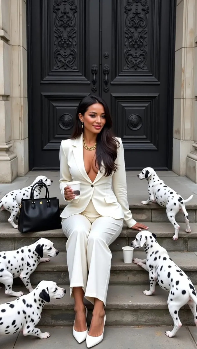 Anna en costume blanc sur des marches avec des dalmatiens