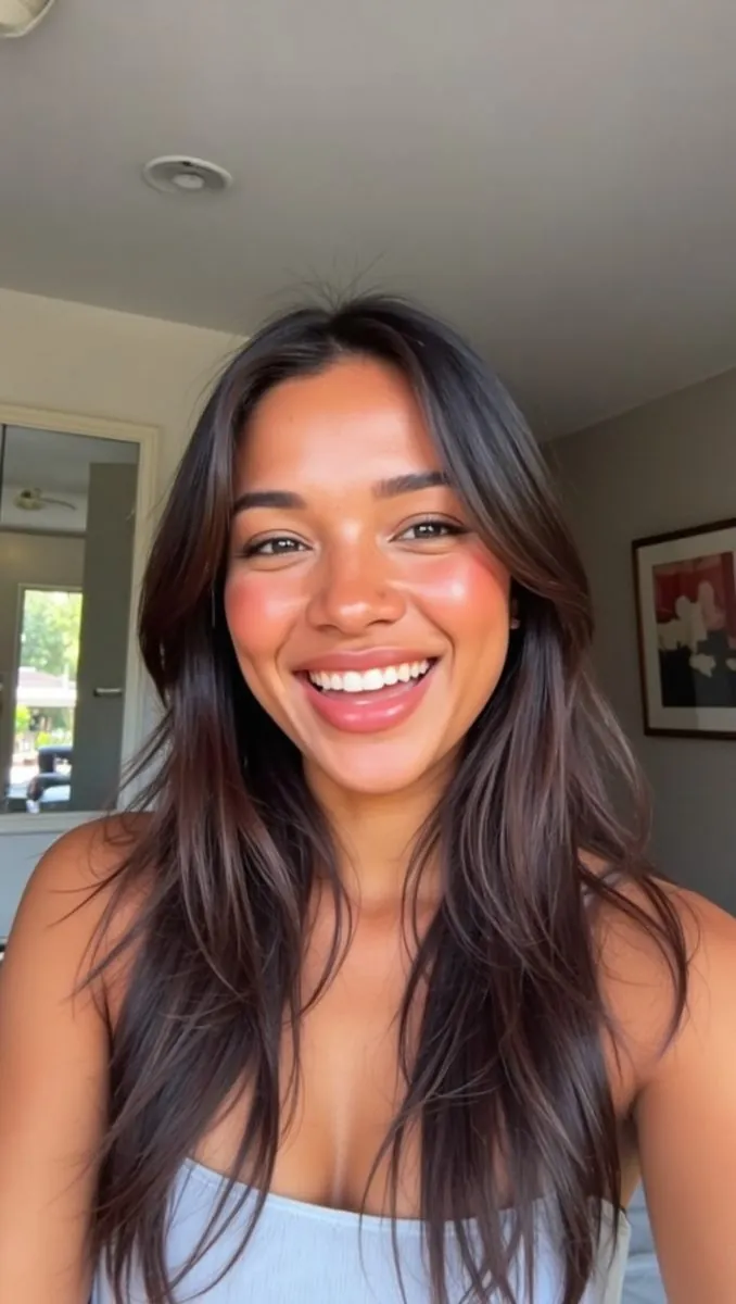 Anna sourit à la caméra, selfie lumineux