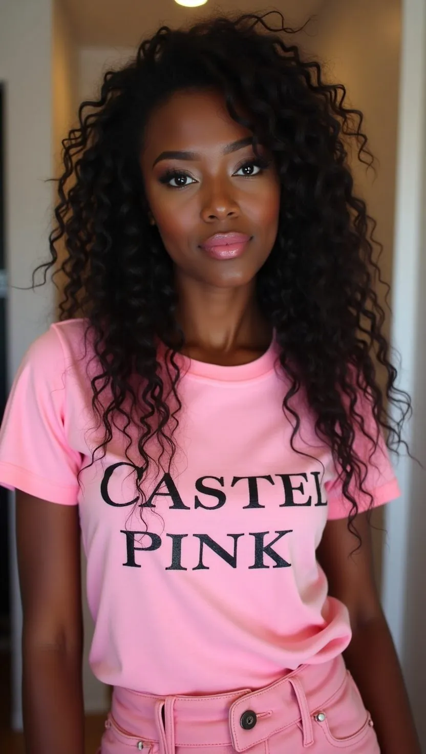 Rebecca, cheveux noirs bouclés, tee-shirt rose Castel Pink