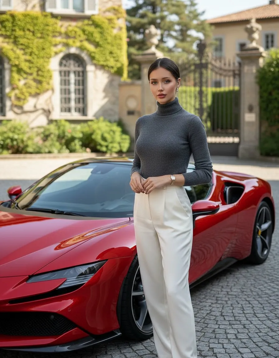 Natasha en col roulé gris devant une voiture de sport rouge